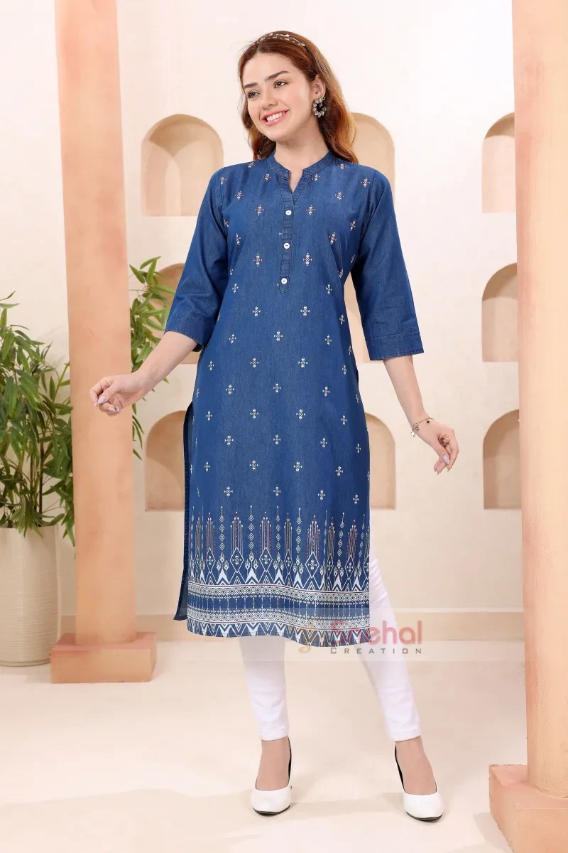 Designer Denim Long Straight Kurti Trendy Ban Collar Denim Kurti With Hand Embroidery